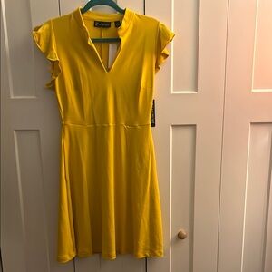 New York & Company Yellow A-Line V-Neck Dress